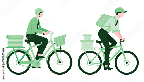 Eco friendly delivery man riding bicycle with delivery bag vector set. Professional delivery man riding bicycle with delivery bag . Eco friendly green courier service vector illustration design.