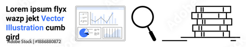 Chart with bar and pie graph, magnifying glass, stacked books evoke knowledge, growth, and exploration. Ideal for research, education, business, data study discovery learning simple landing page