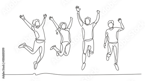 Joyful people leaping in the air shown in a single continuous line