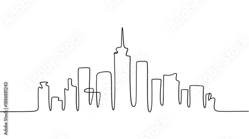 Minimalist one line drawing depicts a stylized cityscape silhouette featuring skyscrapers