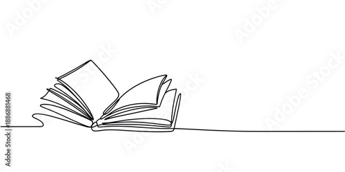 An open book illustration rendered as a single continuous line drawing