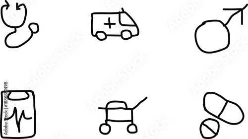 It displays a set of six hand-drawn doodle style icons related to healthcare and medical themes. These simple black and white line art illustrations are available as royalty-free vector art. 