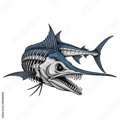 skeleton marlin fish mascot with sharp teeth and blue fins on white background