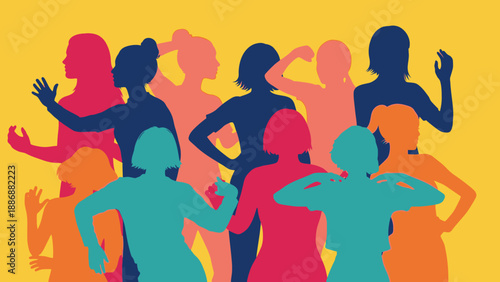 Colorful Silhouettes of Diverse Women Celebrating Unity, Empowerment, and Feminism. Vibrant Female Group Standing Together for Community and Equality.