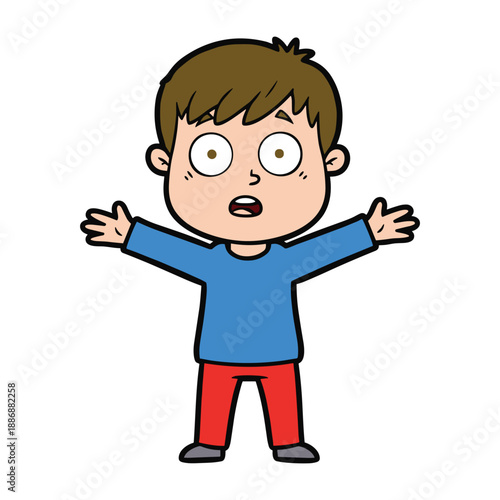 Scared cartoon boy with open mouth and hands out