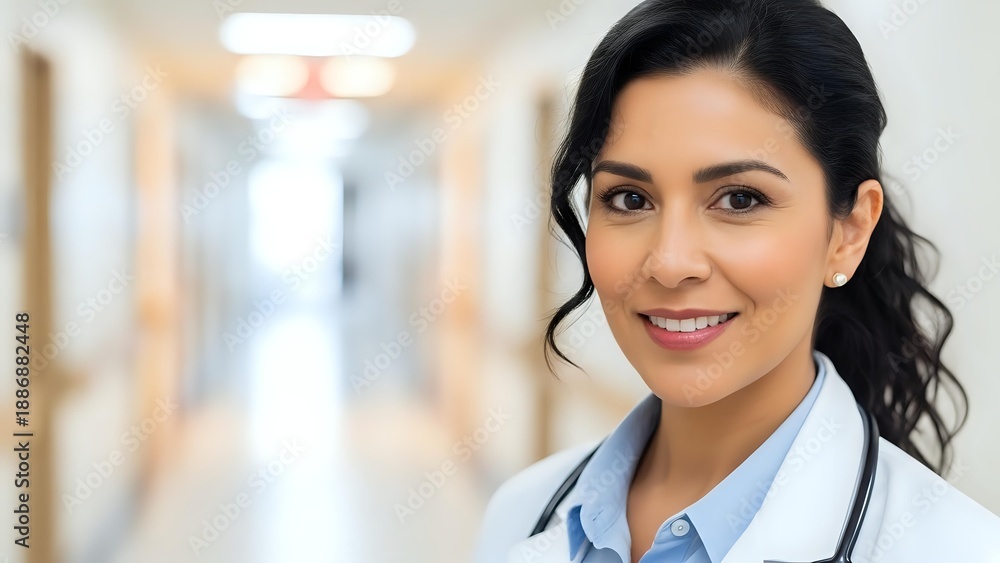Fototapeta premium Young Hispanic female doctor smiling confidently in hospital corridor wearing white coat and stethoscope. Professional healthcare worker portrait.