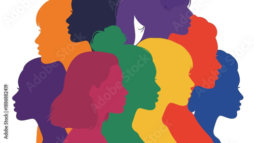 Colorful Diverse Women Silhouettes Vector. Female Group Profile Illustration for Empowerment, Unity, and Global Diversity concept.