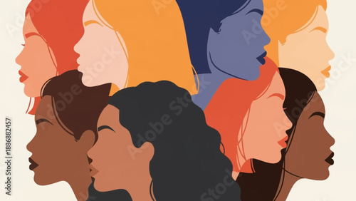Diverse Women Profiles Illustration. Unity, Empowerment, and Sisterhood Concept. Flat design of female faces with varied skin tones and hair.