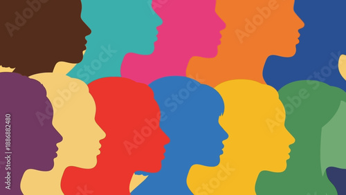 Diverse Crowd Silhouettes in Vibrant Colors. Abstract Profiles Representing Inclusion, Multiculturalism, Global People, and Community Unity.