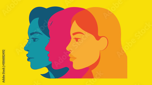 Graphic Pop Art Illustration of Three Diverse Women's Profiles. Female Empowerment, Diversity, and Unity Concept in Bold Colors.