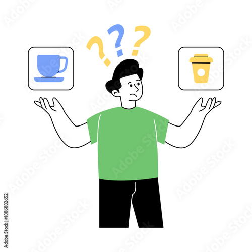 An illustration depicting dilemma situation for choosing tea or coffee, choosing between beverage vector 