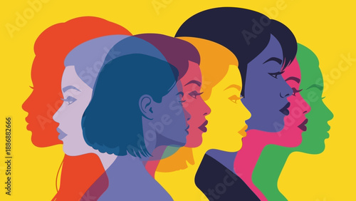 Diverse Women's Faces Profile Illustration. Layered, Colorful Vector Design Representing Feminism, Identity, and Empowerment on Yellow Background.