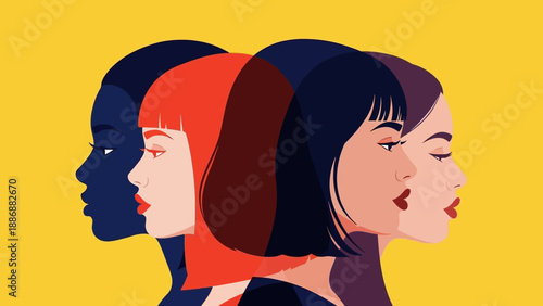 Diverse Women Profile Group Illustration. Female Empowerment, Multi-Ethnic Sisterhood, and Unity Concept on Yellow Background.