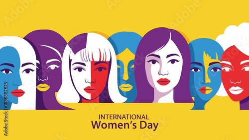International Women's Day. Graphic illustration of diverse women faces symbolizing unity, feminism, empowerment, and global sisterhood.