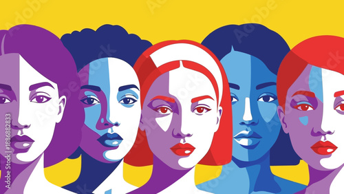 Bold Pop Art Illustration of Diverse Women's Faces. Global Sisterhood, Feminism, and Empowerment Concept Vector Graphic.