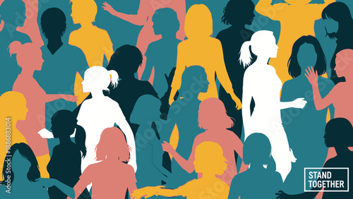 Colorful Crowd of Diverse Female Silhouettes Vector. Women's Empowerment, Unity, and Social Solidarity Background Illustration.