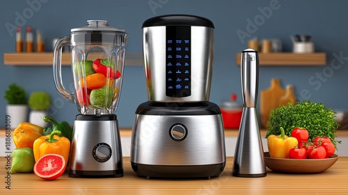 Modern Kitchen Appliances with Colorful Vegetables and Fresh Ingredients for Healthy Cooking and Meal Preparation on a Stylish Countertop