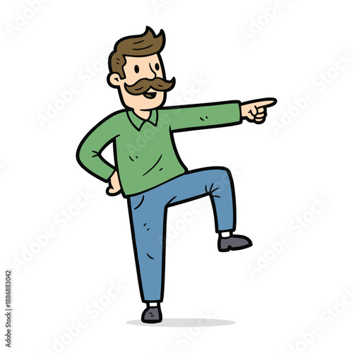 Cartoon man with mustache pointing to something