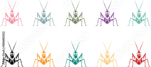 Grasshopper mosaic in a spectrum of colors, Insect dot art silhouette in vibrant hues