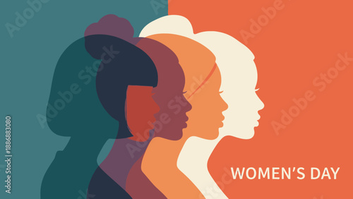 Women's Day Diversity Banner: Layered Profiles of Multinational Women Celebrating Unity, Sisterhood, and Empowerment. Flat Vector Illustration.