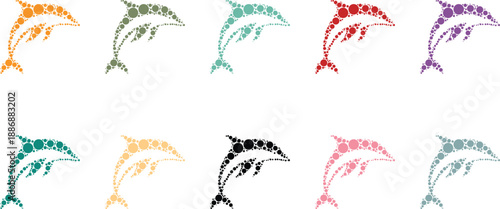 Leaping dolphin silhouettes made of colorful circles, Jumping marine mosaic figures in hues