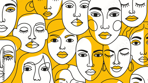 Continuous Line Art Pattern: Diverse Women Faces Background. Yellow, Minimalist Vector Illustration of Femininity, Sisterhood, and Modern Beauty.