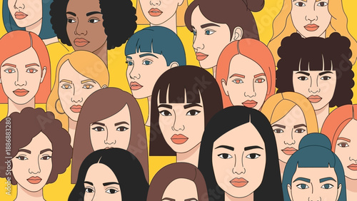 Vector Illustration of Diverse Women Faces. Global Community, Sisterhood, and Female Empowerment Concept.