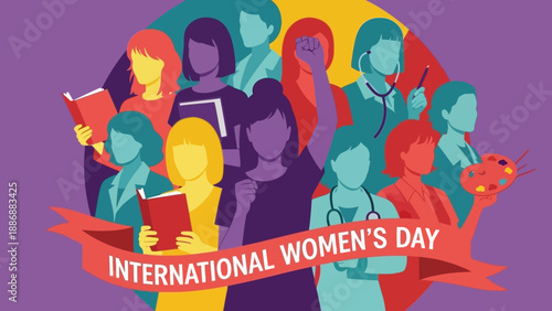 International Women's Day Vector. Group of Diverse Women Professionals Celebrating Empowerment, Equality, and Solidarity with Raised Fist.