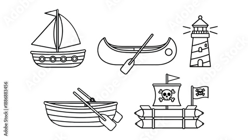 Navigational Ensemble: A charming black and white illustration of various watercraft and a lighthouse, ready to set sail for adventure or guide the way with unwavering light.