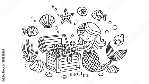 Mermaid's Treasure: A delightful illustration showcases a charming mermaid surrounded by ocean treasures like a treasure chest, seashells, and starfish.