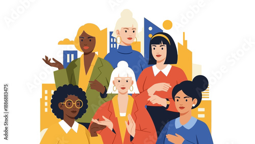 Diverse Group of Professional Women Standing Together in Cityscape. Female Empowerment, Business Teamwork, Leadership, and Inclusion Vector Illustration.