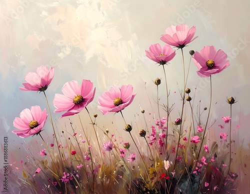 Pink Cosmos Flowers in a Field, Impressionistic Style.