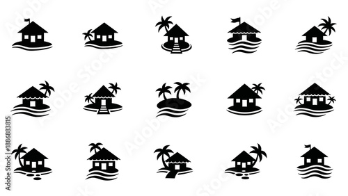 Black silhouette icons of tropical huts and palm trees on water, illustration set for travel and destination themes with a minimalist style.