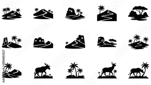 Black silhouette icons depicting various travel destinations and animals in a minimalist illustration style against a clean white background.