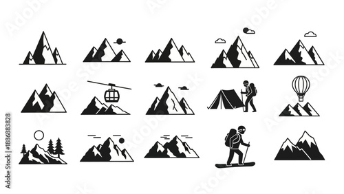 Black silhouette travel destination icons featuring mountains, animals, buildings, and tourists in various activities on a white background, conveying a sense of adventure and exploration.