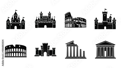 Black silhouette icons of famous tourist city landmarks and 7 wonders of the world in a vector illustration, featuring buildings and architectural travel destinations.