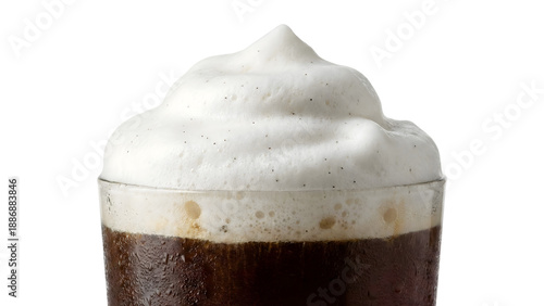 Vanilla cold foam coffee with creamy froth and dark espresso. This refreshing iced beverage features whipped milk and sweet vanilla bean specks on a white background.