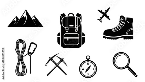 Black silhouette travel destination icons including hiking gear and landmarks on a white background.