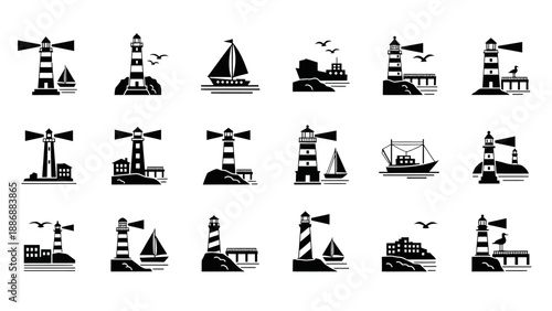 Black silhouette icons of lighthouses, sailboats, and windmills against a clean white background, featuring various travel destinations and 7 wonders of the world in a minimalist