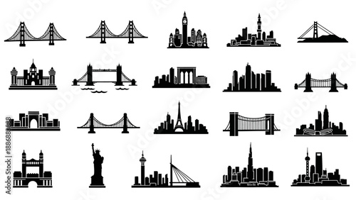 A collection of black silhouette icons featuring famous travel destinations and city skylines, including 7 wonders of the world, against a clean white background.