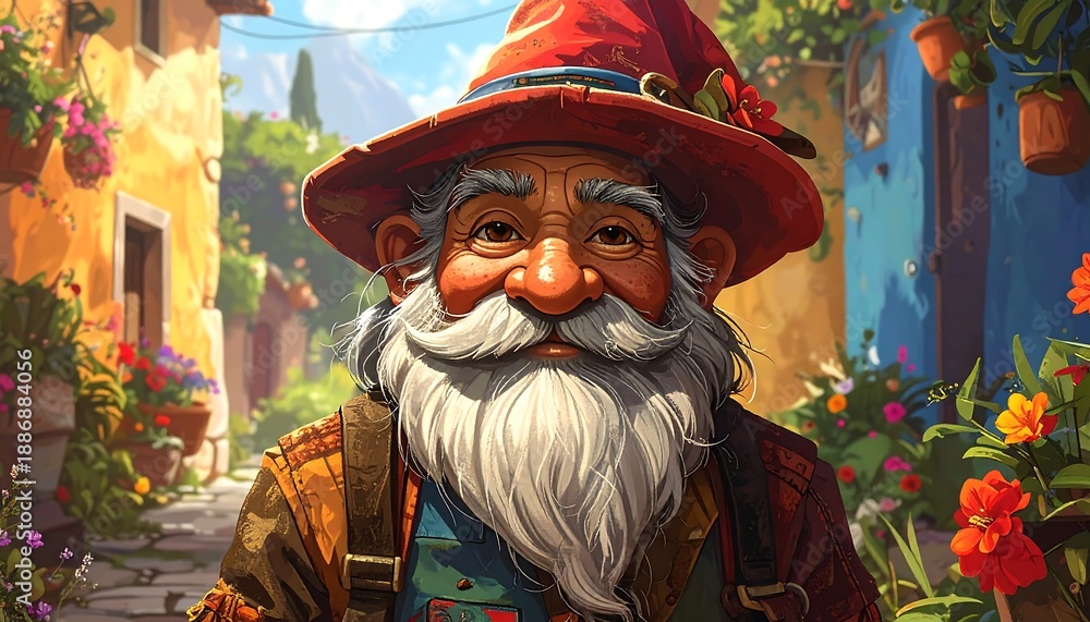 Obraz premium Charming Gardener Portrait - A Whimsical Character Amidst Lush Blooms.