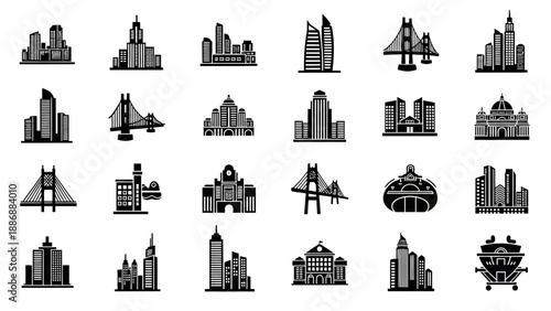 Black silhouette travel destination icons and buildings of famous tourist cities and 7 wonders of the world in a vector illustration style.