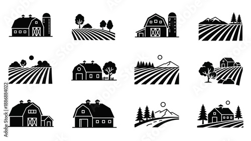 Black silhouette icons depicting rural landscapes and farm buildings, including barns, fields, and trees, against a white background.