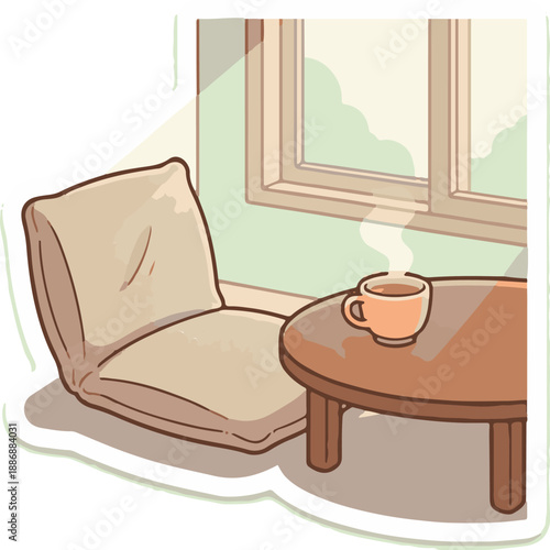 Cozy room interior sticker with floor chair, low table, and hot coffee cup by the window - Vector Illustration.