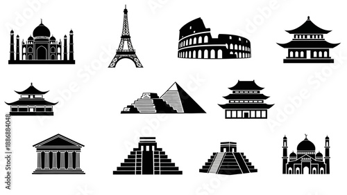 Black silhouette icons of famous travel destinations and buildings from around the world, including 7 wonders, against a white background.