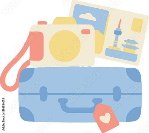 Travel sticker set featuring blue suitcase, vintage camera, and scenic postcards - Vector Illustration.
