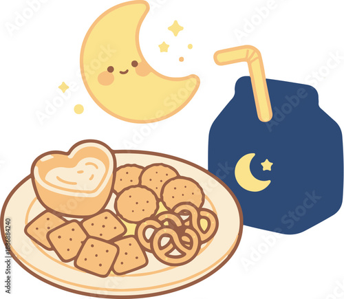 Cute night snack sticker featuring milk carton, cookies, pretzels, and smiling moon - Vector Illustration.