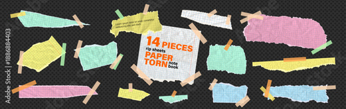 Torn newspaper vector bundle features sticky adhesive tape on color paper rip texture. Kit of cut pieces, note scraps, tear strip shapes for collage. Blank sheet bundle on like transparent png bg.