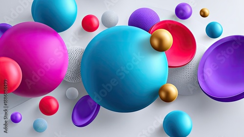 Vibrant Abstract Composition of Spheres and Discs in Various Colors on White Background for Modern Art and Design Concepts