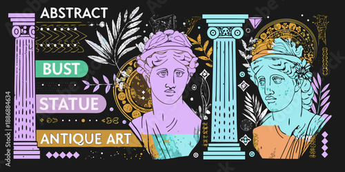 Classical art elements featuring busts columns and botanical illustrations in abstract design